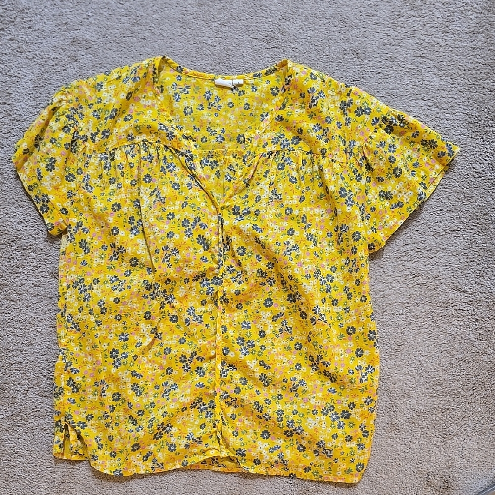 Gap Womens Yellow Floral V Cut Blouse Size Small